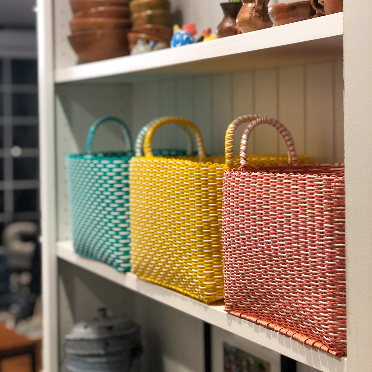 large & small storage boxes, recycled plastic cord, white, indigo & lemon colors