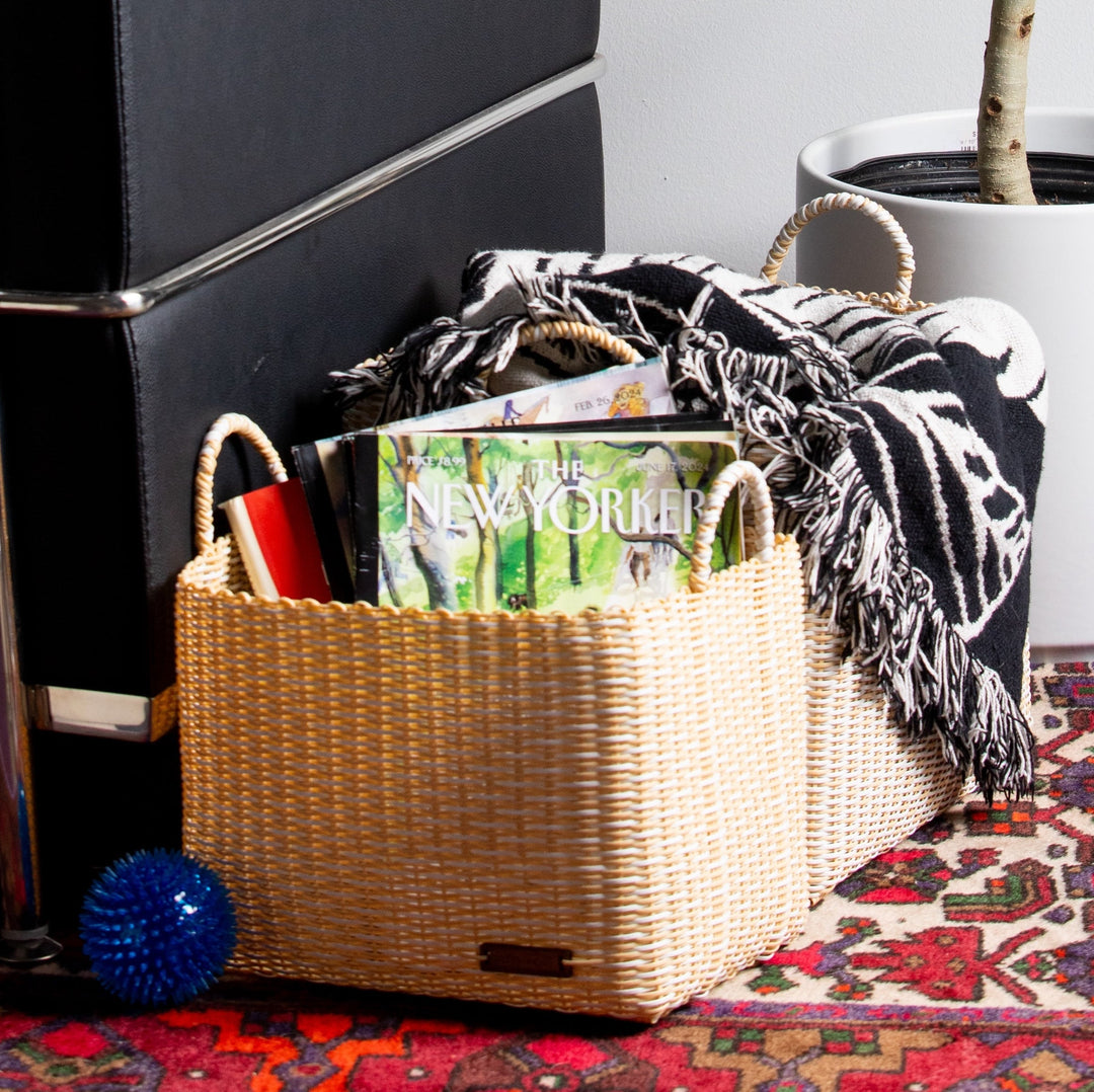 custom designed storage containers recycled plastic handwoven artisan made sky blue & lemon