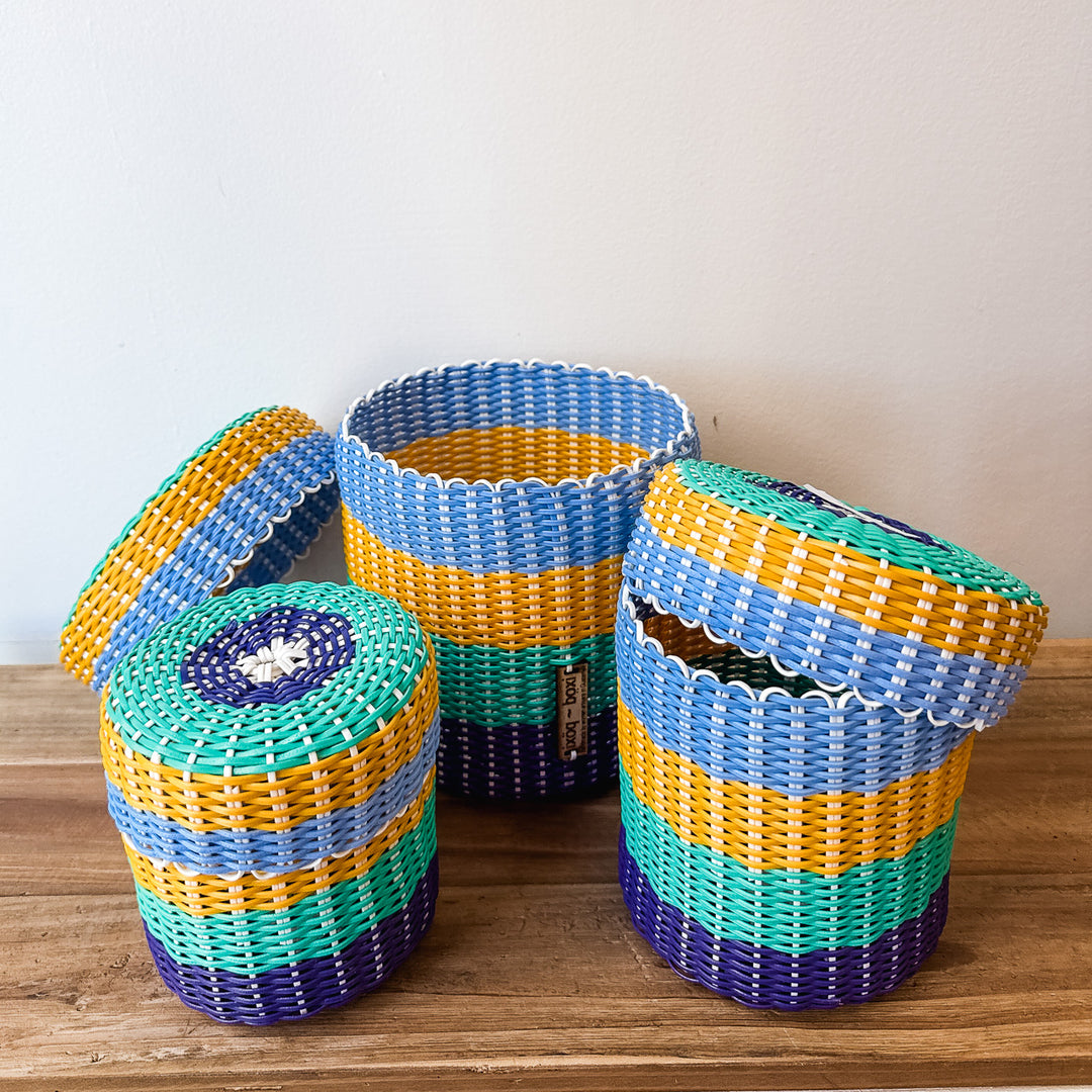 round 'catch all' with lid ~ multicolor stripes