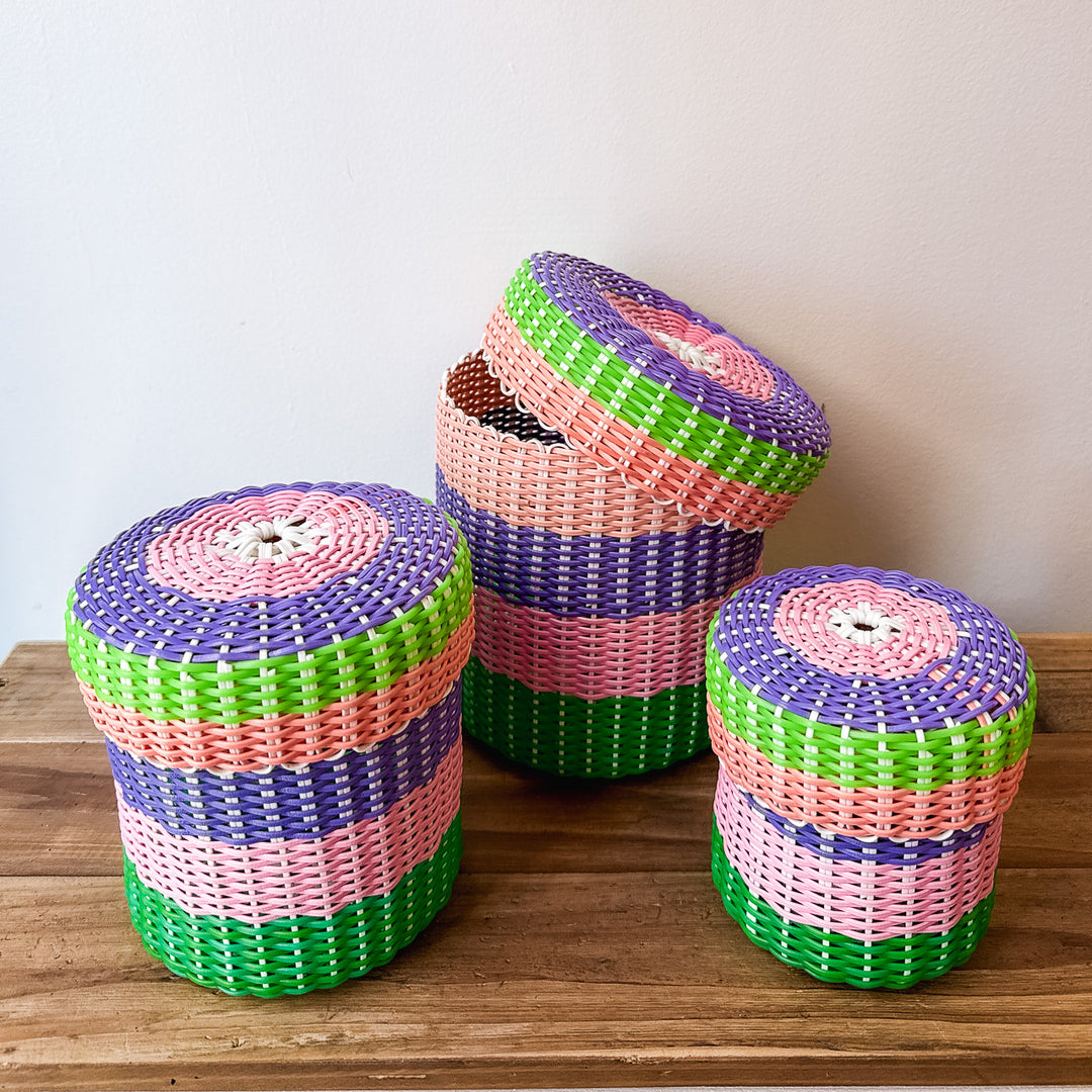 round 'catch all' with lid ~ multicolor stripes