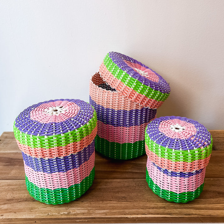 round 'catch all' with lid ~ multicolor stripes