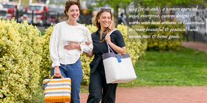 Banner photo. Two young women outside holding a small & an extra large cesta tote. Handwoven. Guatemala artisan handmade. Locally designed in Maryland / DC. Text on image says 'ixöq (ee-sh-auk), a women operated social enterprise, custom designs & works with local artisans in Guatemala to create beautiful & practical hand woven totes & home goods'