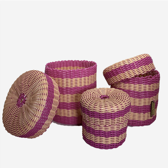 round 'catch all' with lid ~ 2 color stripes